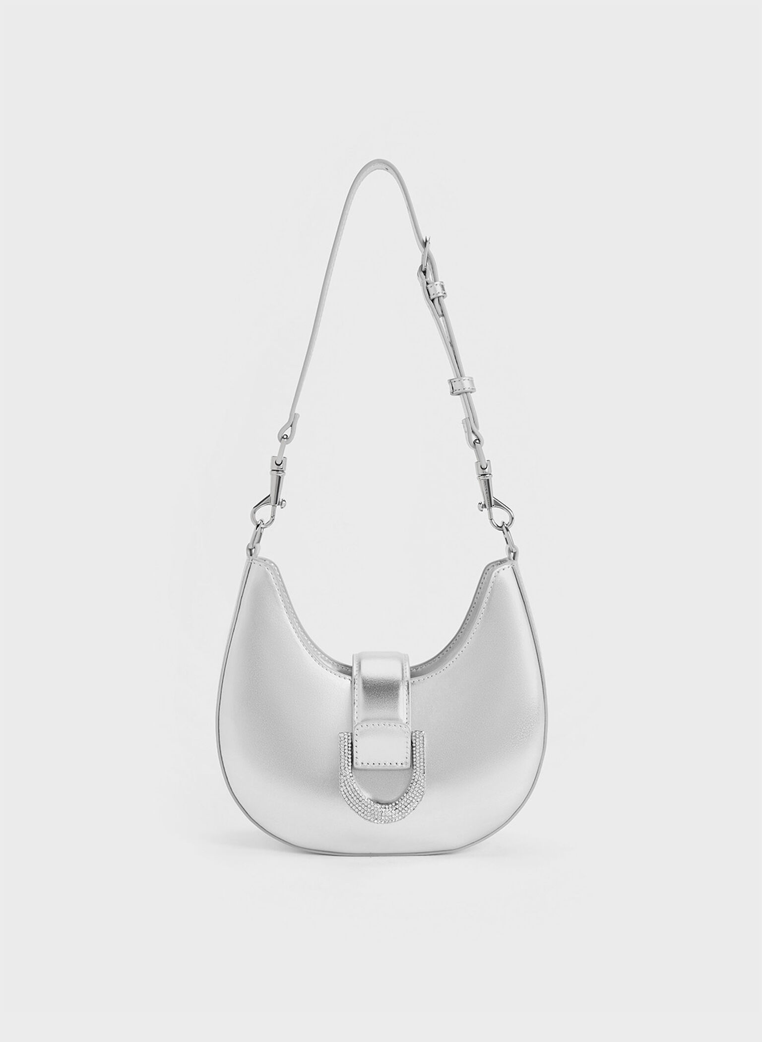 Gabine Metallic Leather Gem-Embellished Hobo Bag, Silver, hi-res