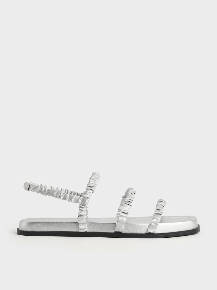 Recycled Polyester Ruched Strappy Sandals, Silver, hi-res