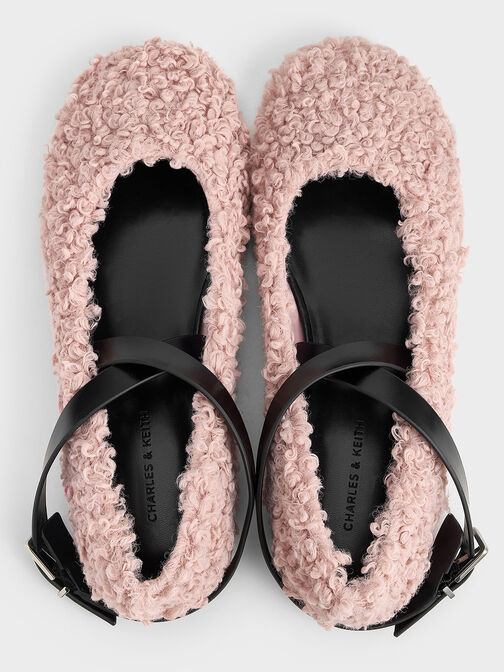 Margot Furry Crossover-Strap Ballet Flats, Pink, hi-res