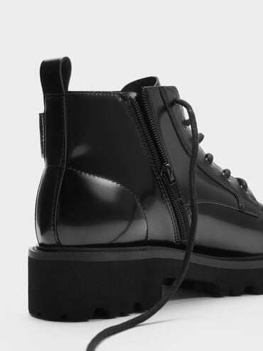 Ridged-Sole Side-Zip Combat Boots, Black Box, hi-res