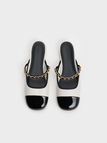 Patent Two-Tone Chain-Strap Mules, White, hi-res