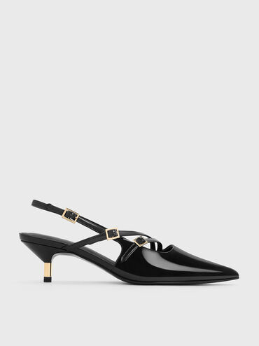 Patent Buckle-Strap Kitten Heel Slingback Pumps, Black Patent, hi-res
