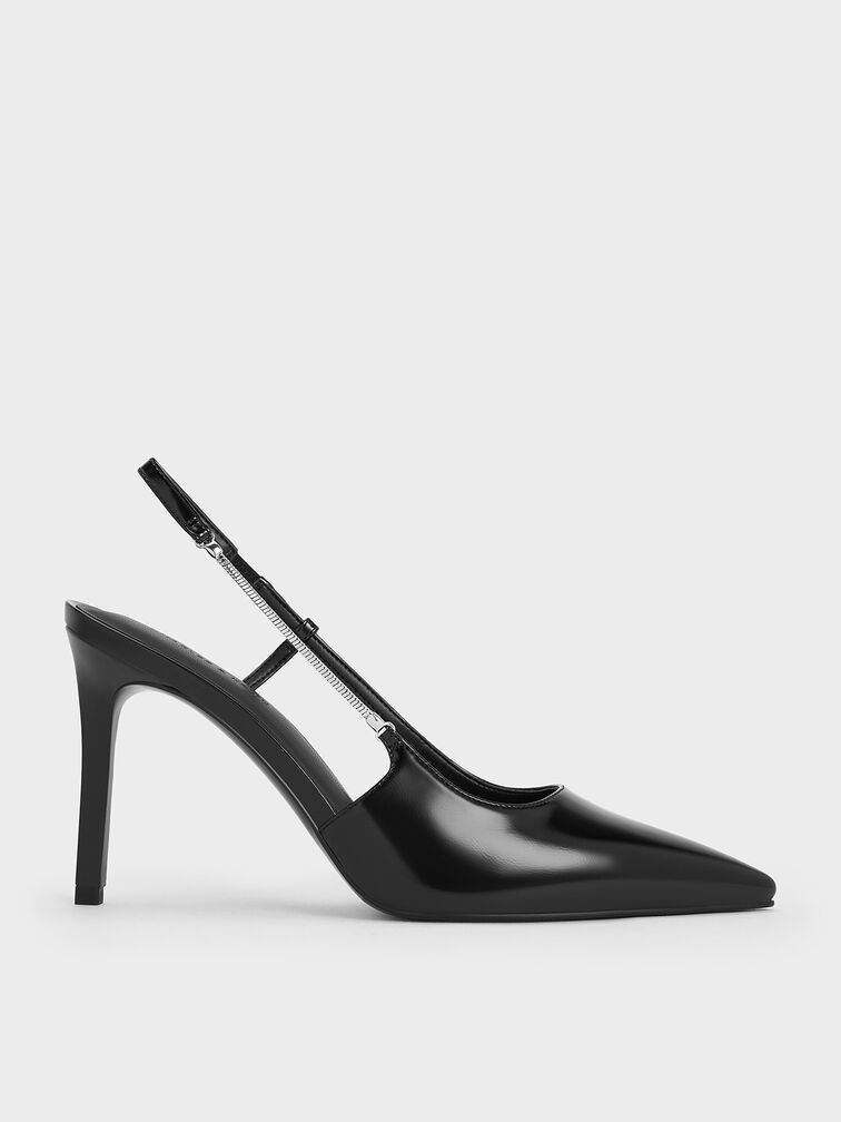 Chain-Strap Pointed-Toe Slingback Pumps, Black Box, hi-res