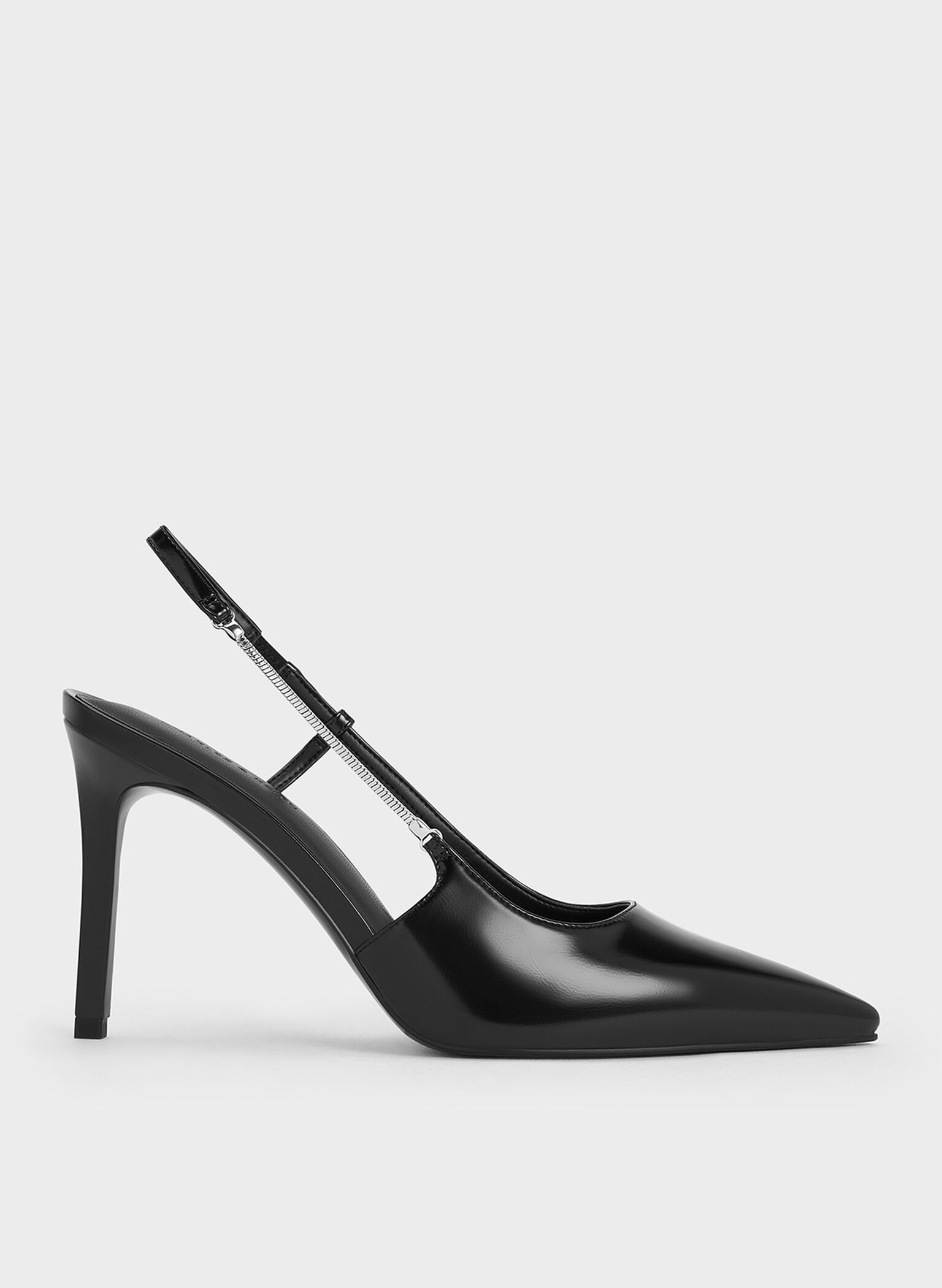 Chain-Strap Pointed-Toe Slingback Pumps, Black Box, hi-res