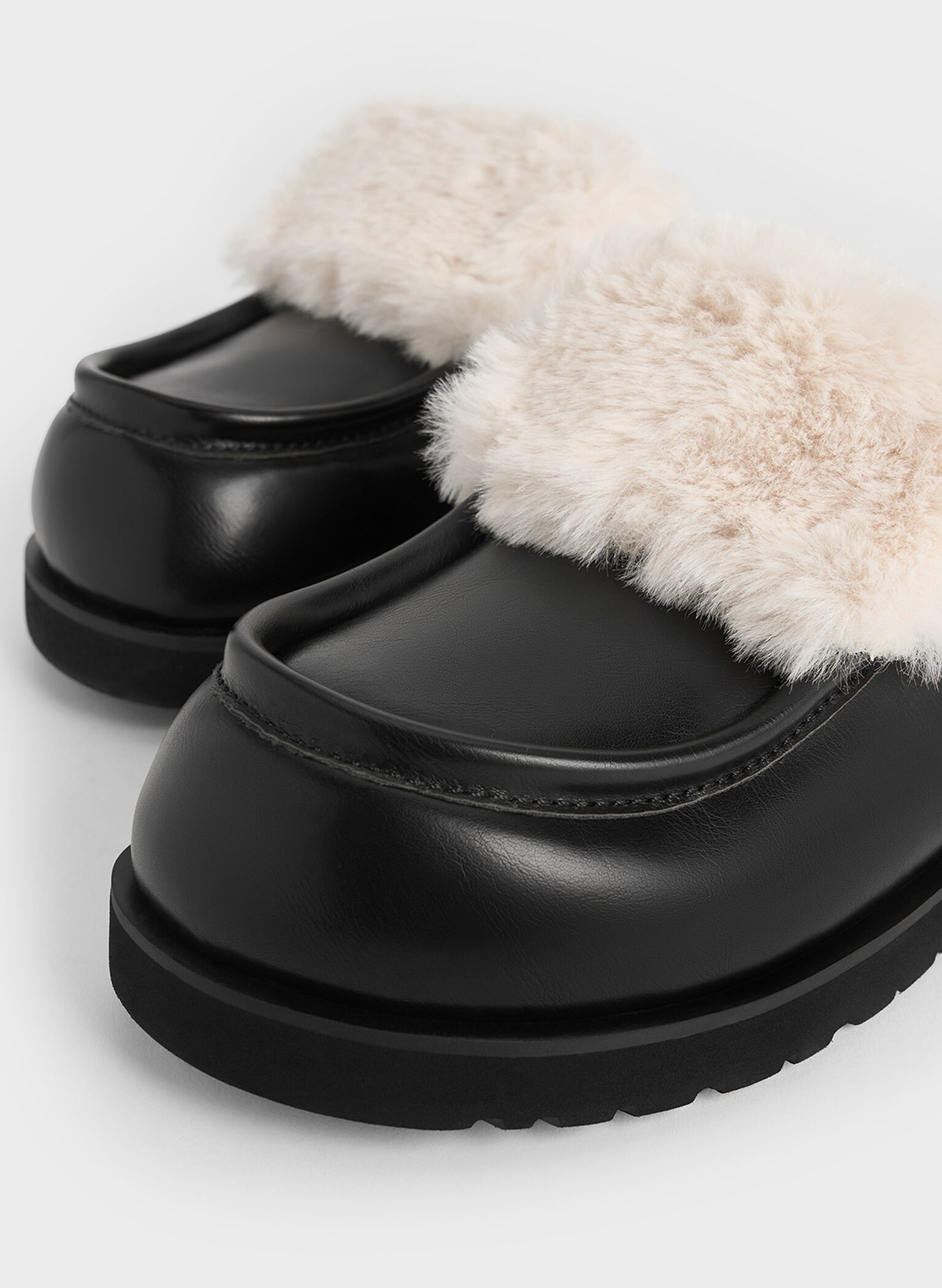 Fur-Trim Flatform Mules, Black, hi-res