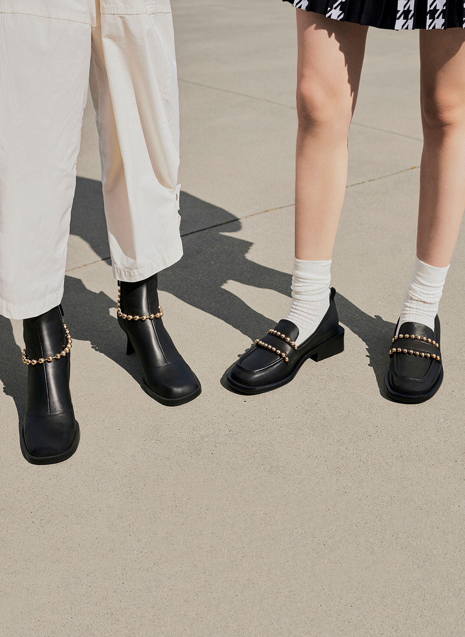 Beaded-Link Leather Ankle Boots, Black, hi-res