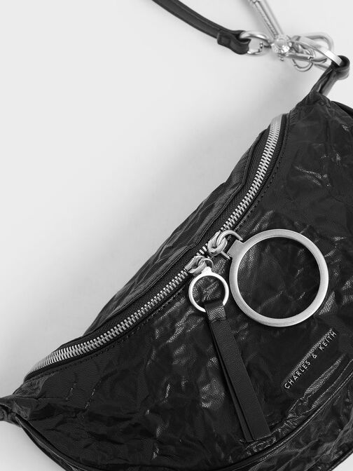 Wrinkled Effect Semi-Circle Crossbody Bag, Black, hi-res