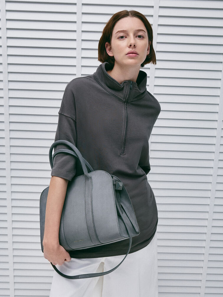 Axel Faux Suede Bowling Bag, Grey, hi-res