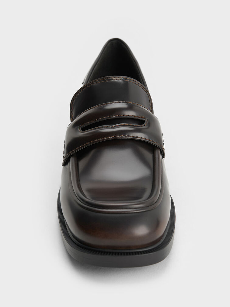 Penny Loafer Trapeze-Heel Pumps, Brown, hi-res