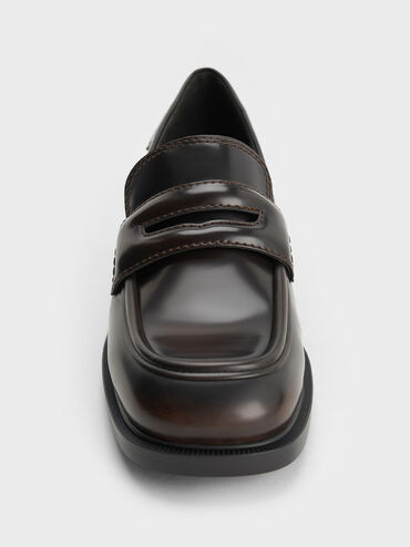 Penny Loafer Trapeze-Heel Pumps, Brown, hi-res