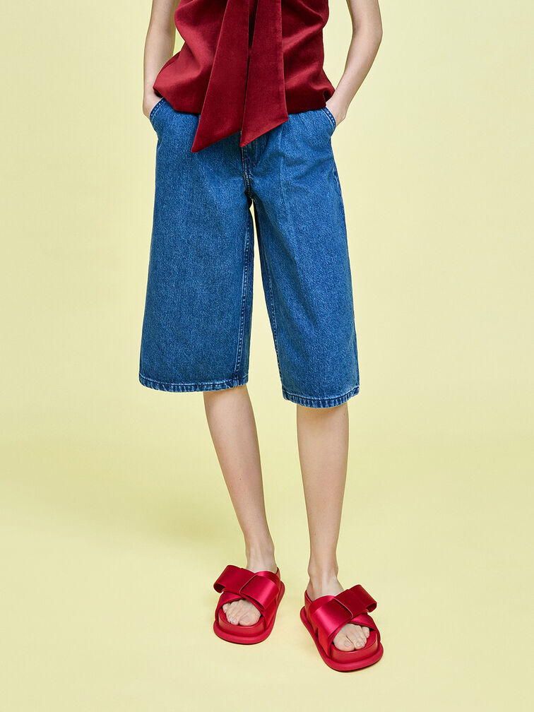 Satin Bow Flatform Sandals, Red, hi-res
