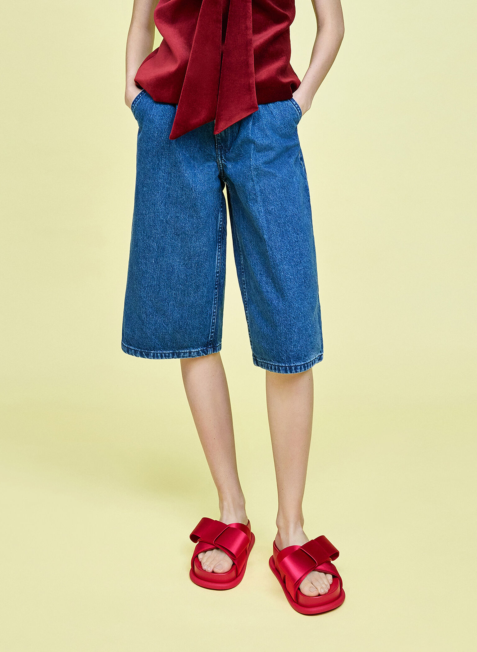Satin Bow Flatform Sandals, Red, hi-res