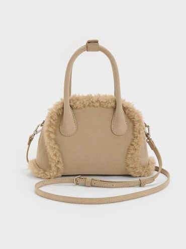 Nelly Recycled Suede & Faux Shearling Bowling Bag, Nutmeg Beige, hi-res