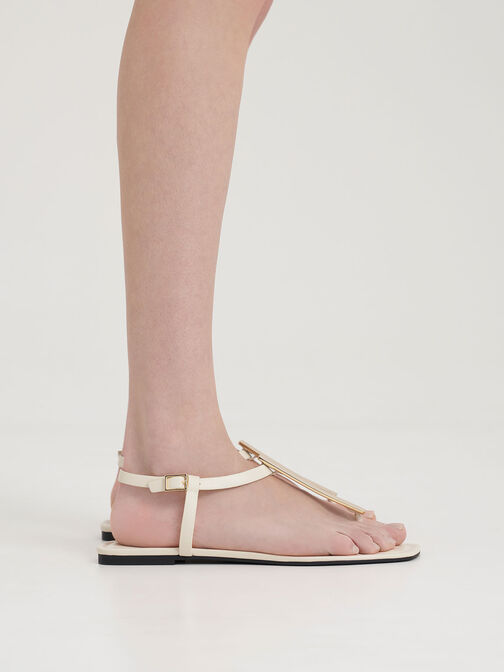 Metallic Accent T-Bar Thong Sandals, Chalk, hi-res