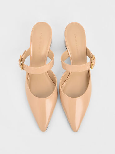Patent Pointed-Toe Mary Jane Heeled Mules, Nude, hi-res