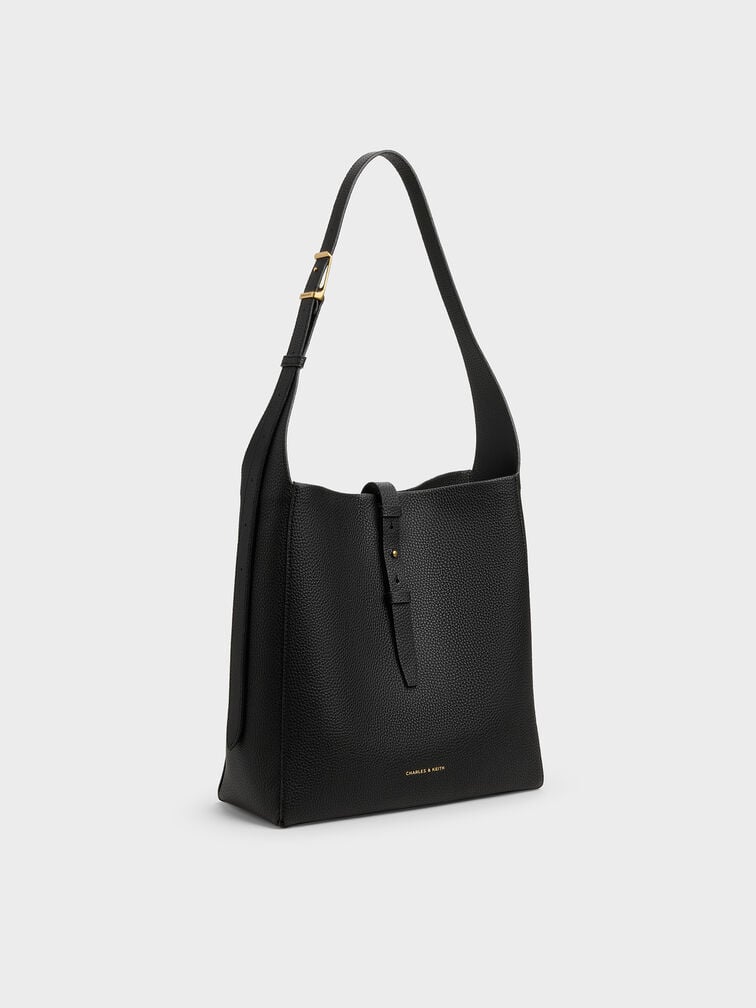 Beryl Recycled Leather Belted Hobo Bag, Black, hi-res