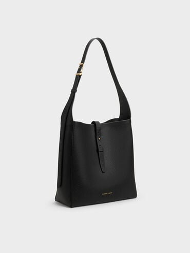Beryl Recycled Leather Belted Hobo Bag, Black, hi-res