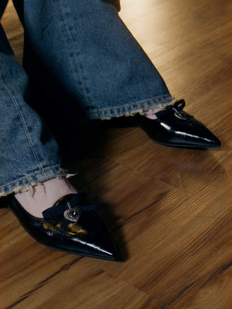Studded Heart-Embellished Pointed-Toe Mary Janes, Black, hi-res