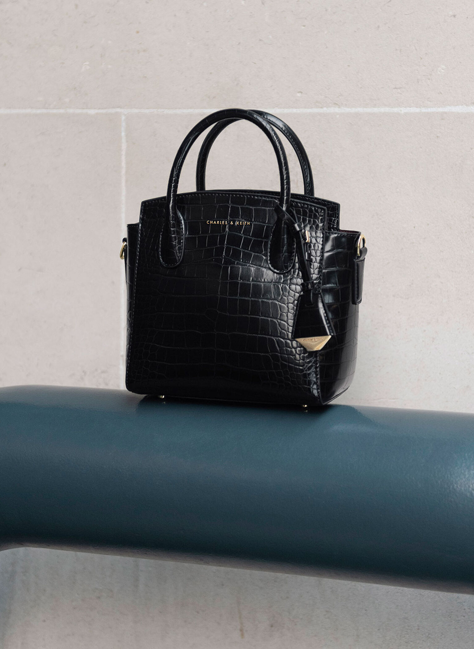 Harper Croc-Effect Structured Top Handle Bag, Black, hi-res