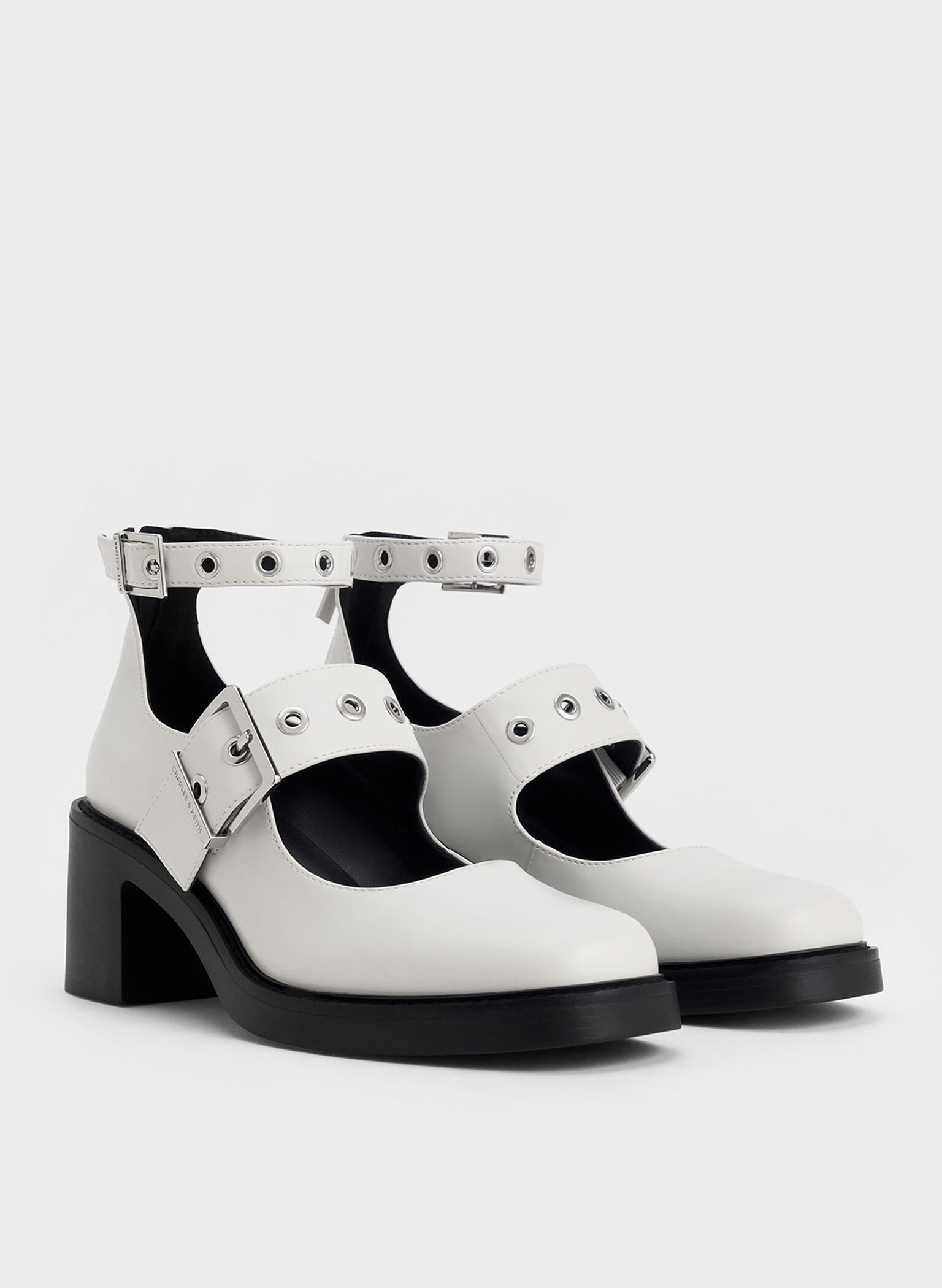 Grommet-Strap Mary Jane Pumps, White, hi-res