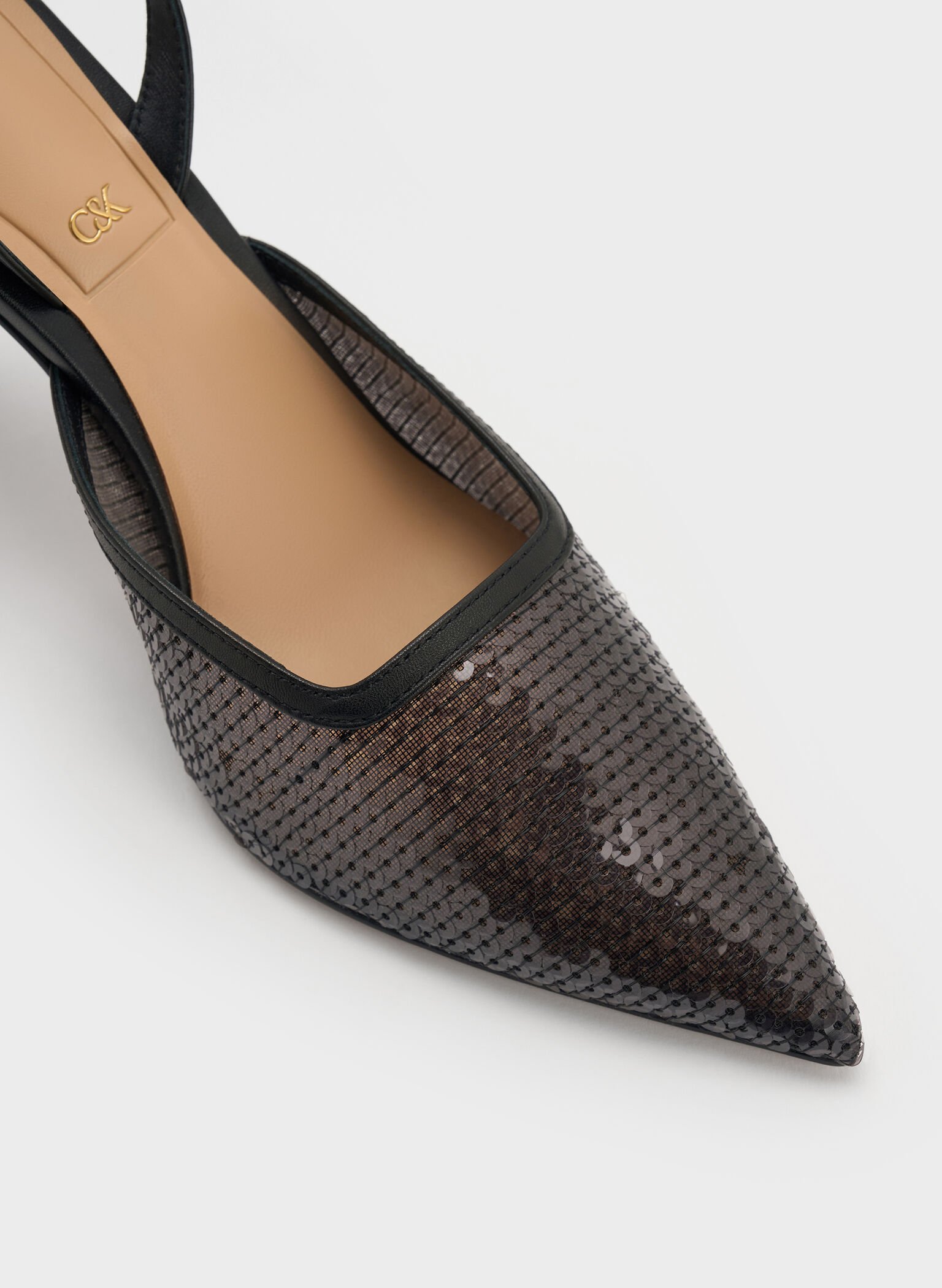 Sequin Mesh & Leather Pointed-Toe Slingback Pumps, Black Textured, hi-res