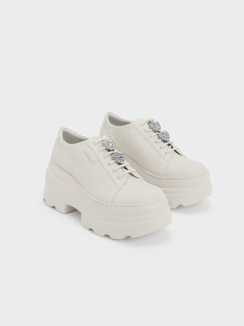 Crystal Heart-Motif Lace-Up Oxfords, Chalk, hi-res