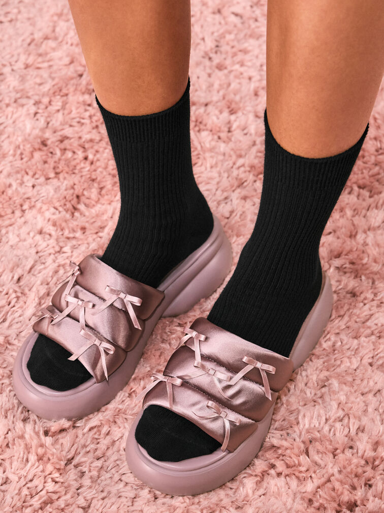 Recycled Polyester Bow Puffy Sports Sandals, Pink, hi-res