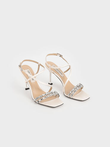 Satin Gem-Embellished Asymmetric Sandals, Cream, hi-res