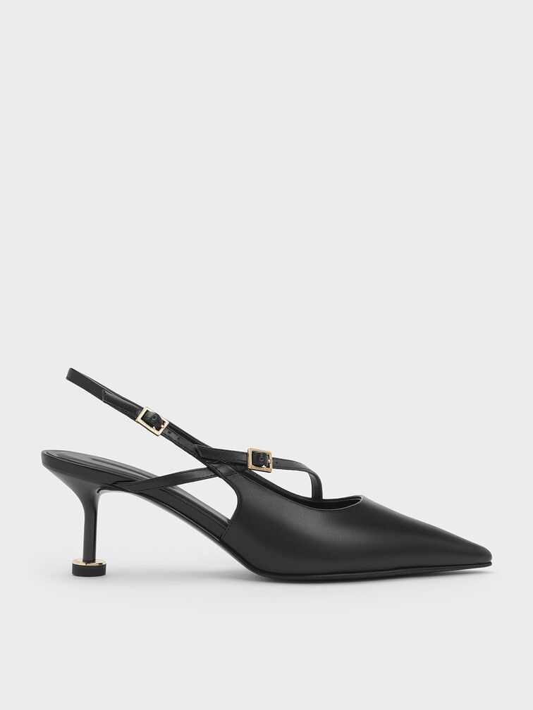 Buckled Sculptural-Heel Slingback Pumps, Black, hi-res