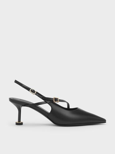 Buckled Sculptural-Heel Slingback Pumps, Black, hi-res