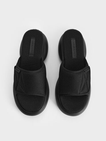 Mesh Platform Sporty Slide Sandals, Black Textured, hi-res