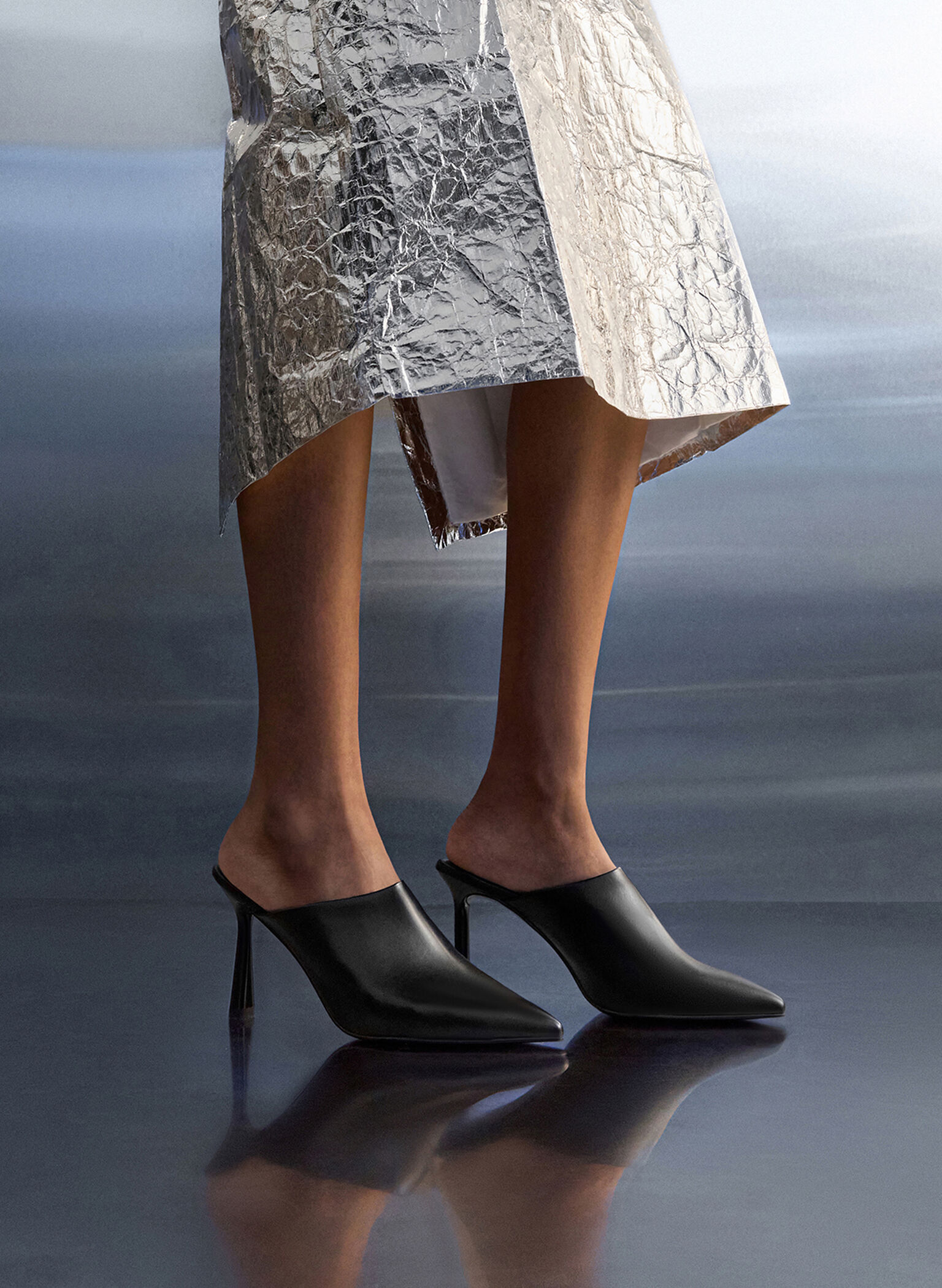 High-Vamp Pointed-Toe Heeled Mules, Black, hi-res