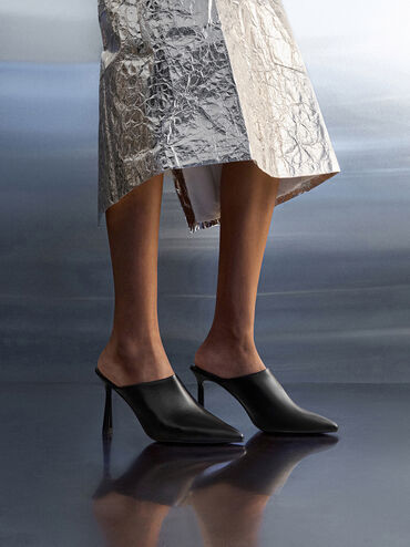 High-Vamp Pointed-Toe Heeled Mules, Black, hi-res