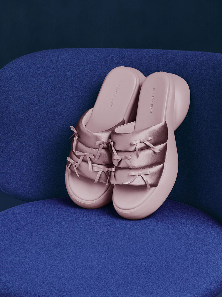 Recycled Polyester Bow Puffy Sports Sandals, Pink, hi-res
