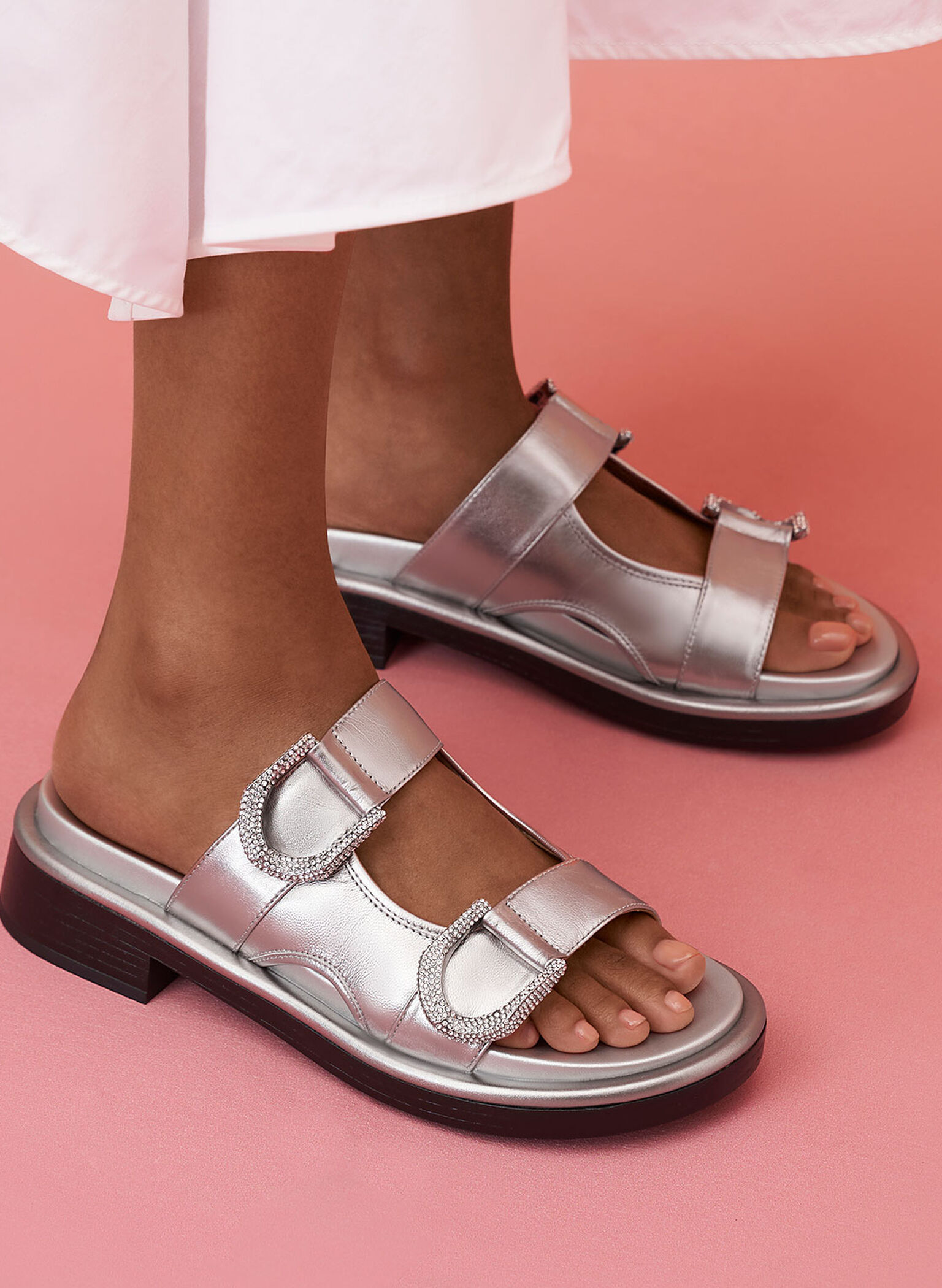 Gabine Leather Slides, Pewter, hi-res