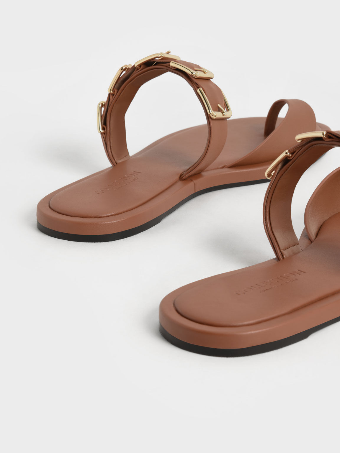 Buckled Leather Toe-Ring Sandals, Brown, hi-res