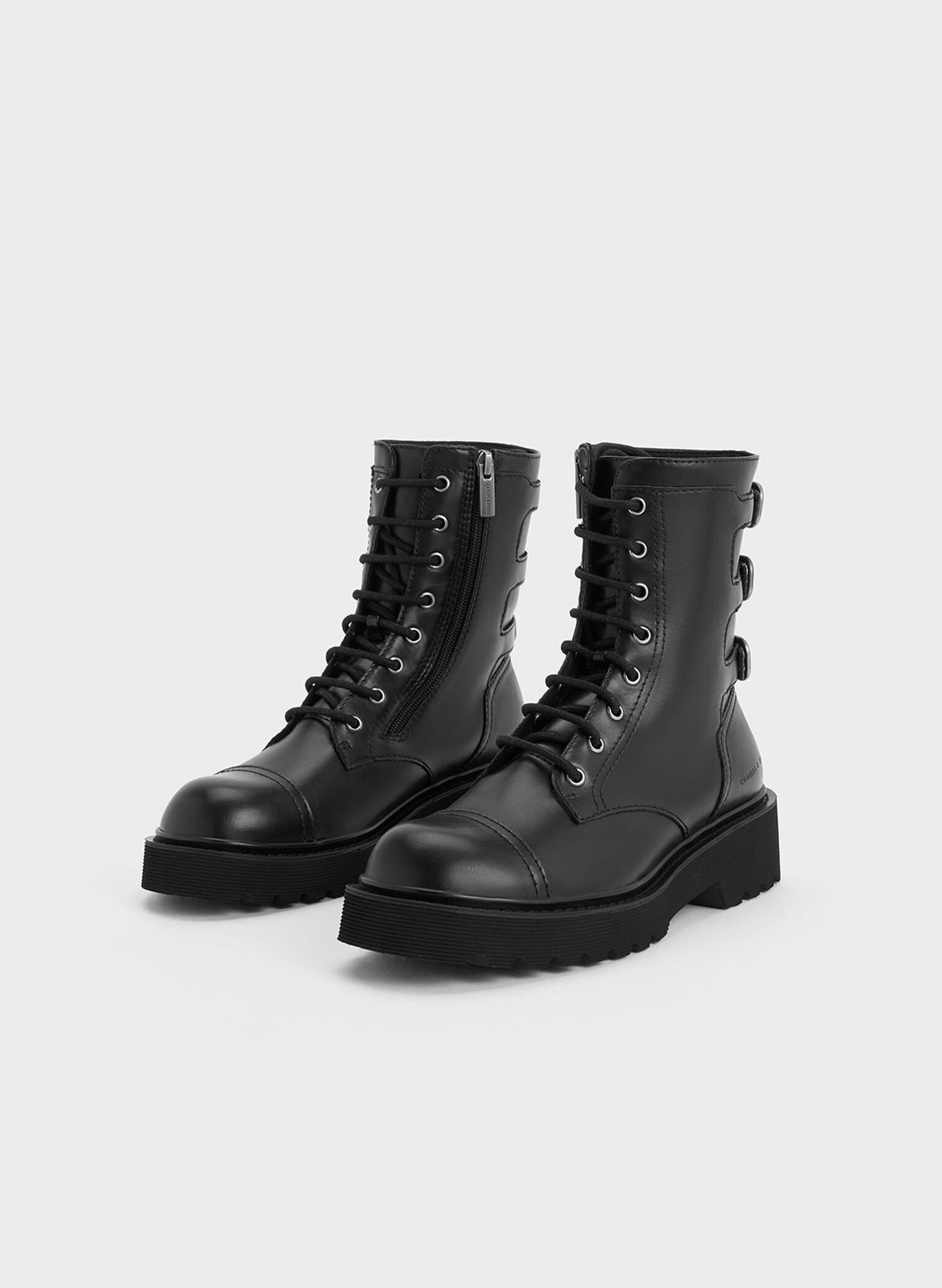 Triple-Buckle Lace-Up Ankle Boots, Black, hi-res
