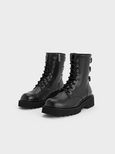 Triple-Buckle Lace-Up Ankle Boots, Black, hi-res