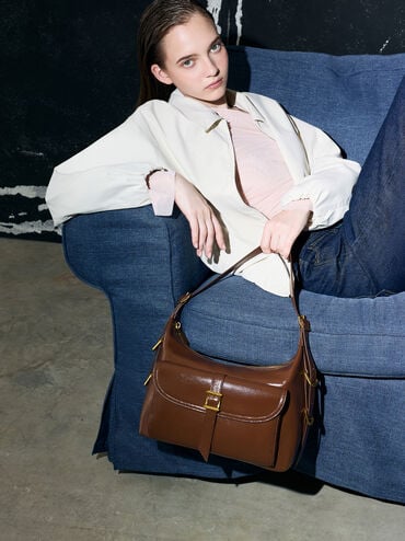 Bryna Belted Hobo Bag, Dark Brown, hi-res