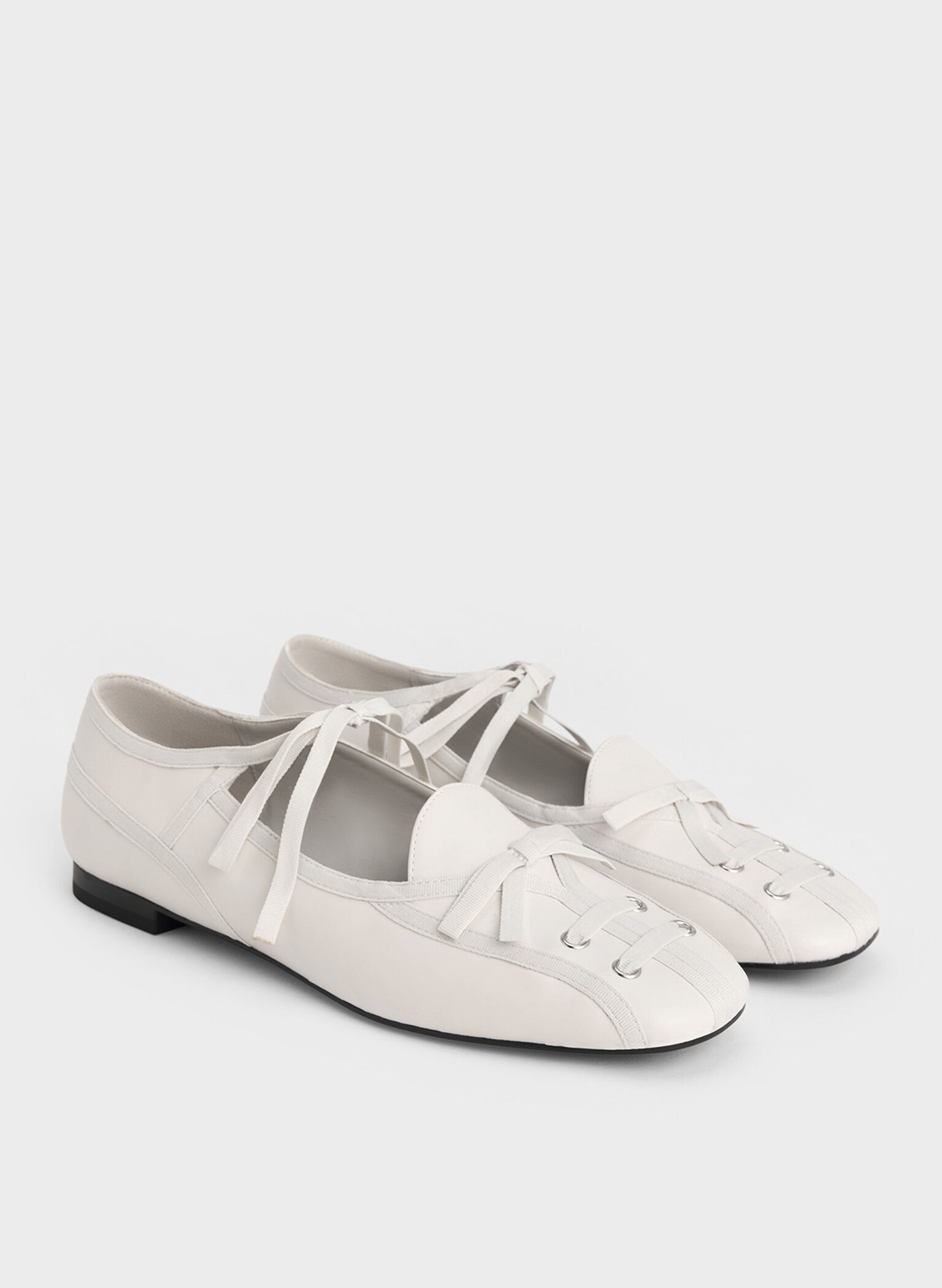 Lace-Up Bow Ballet Flats, White, hi-res