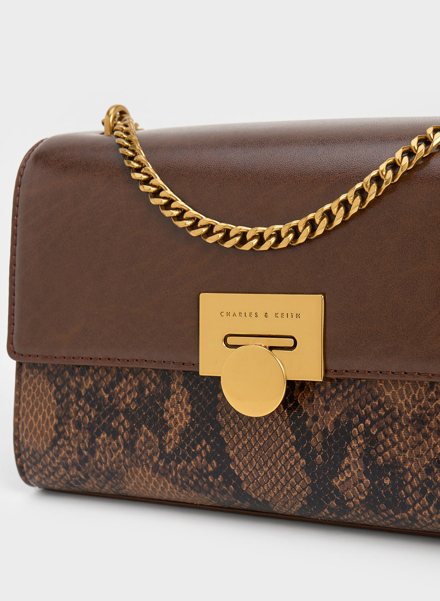 Ebba Snake Print Chain-Strap Bag, Brown, hi-res