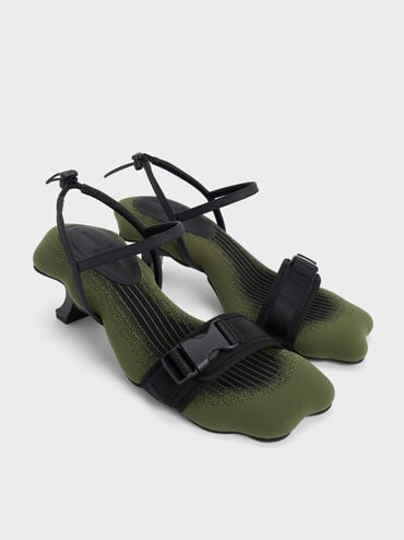Nylon Wave-Edge Sculptural-Heel Sandals, Green, hi-res