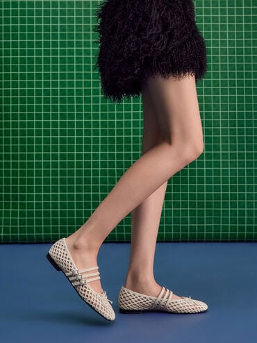 Woven Triple-Strap Mary Janes, Chalk, hi-res