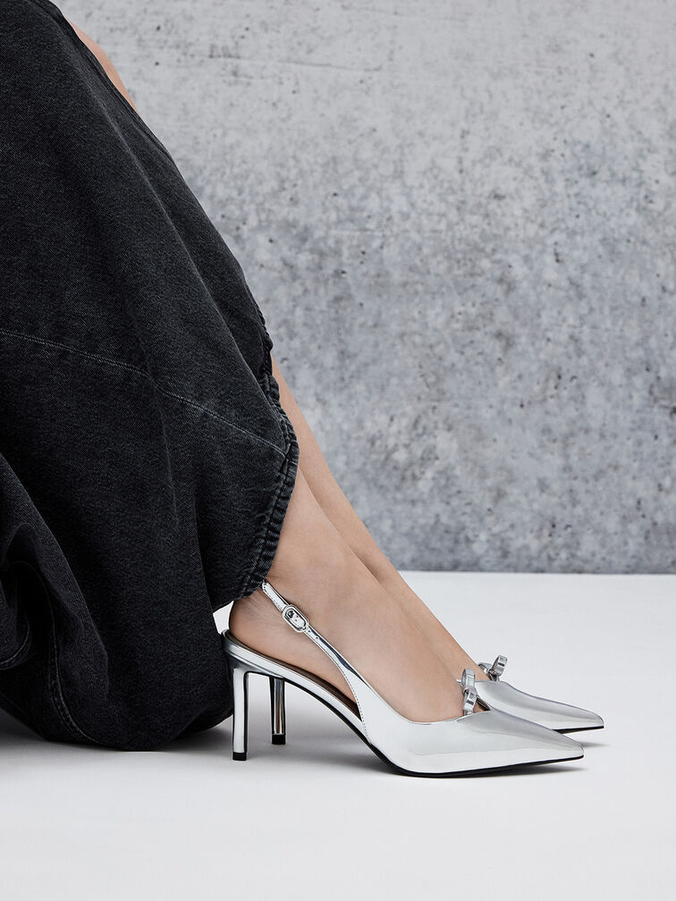 Metallic Bow Slingback Pumps, Silver, hi-res