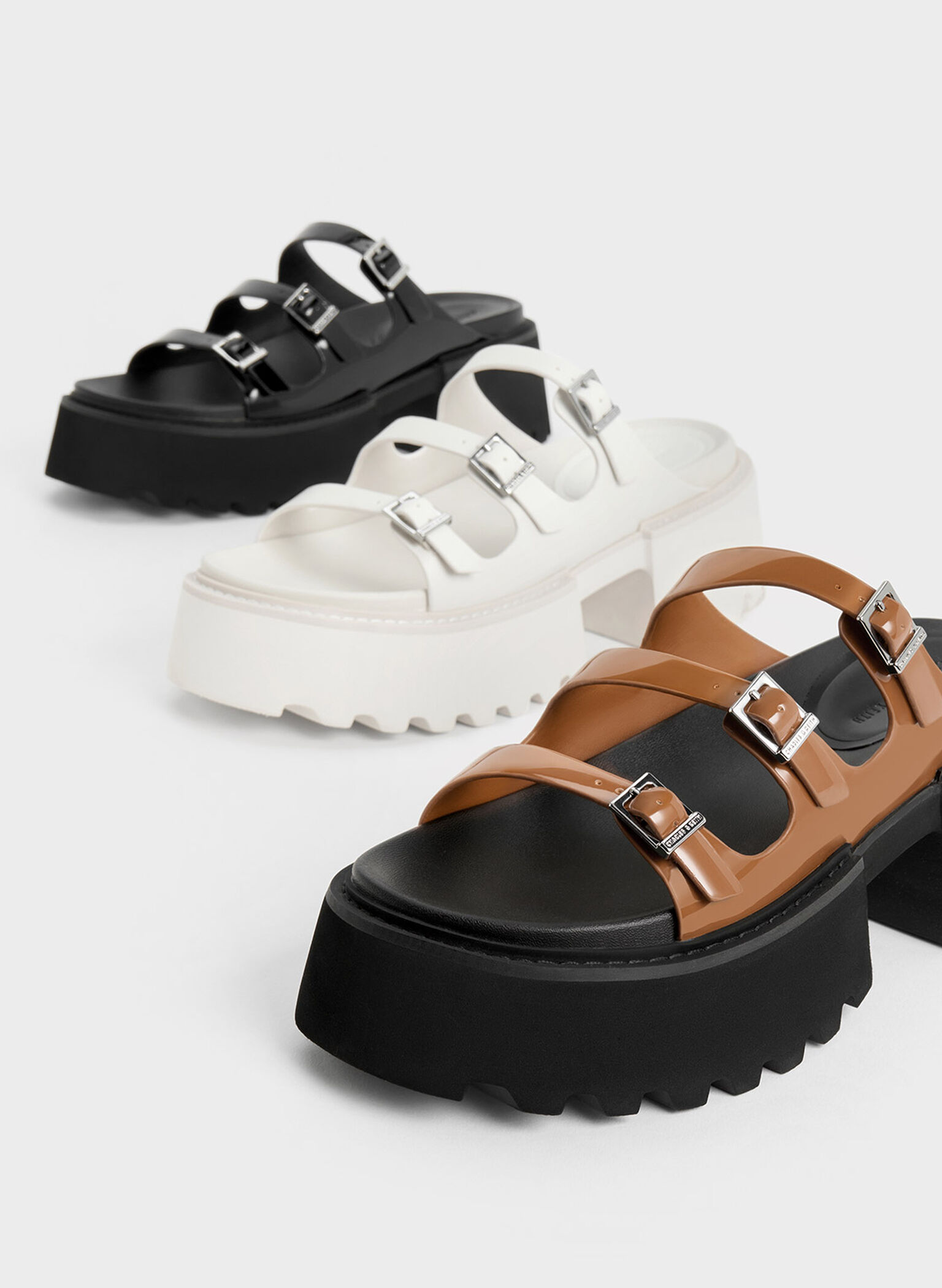 Nadine Patent Triple-Strap Platform Sandals, Cognac, hi-res