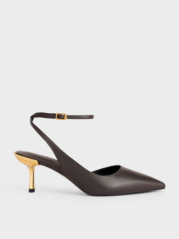 Metallic-Heel Ankle-Strap D'Orsay Pumps, Dark Brown, hi-res