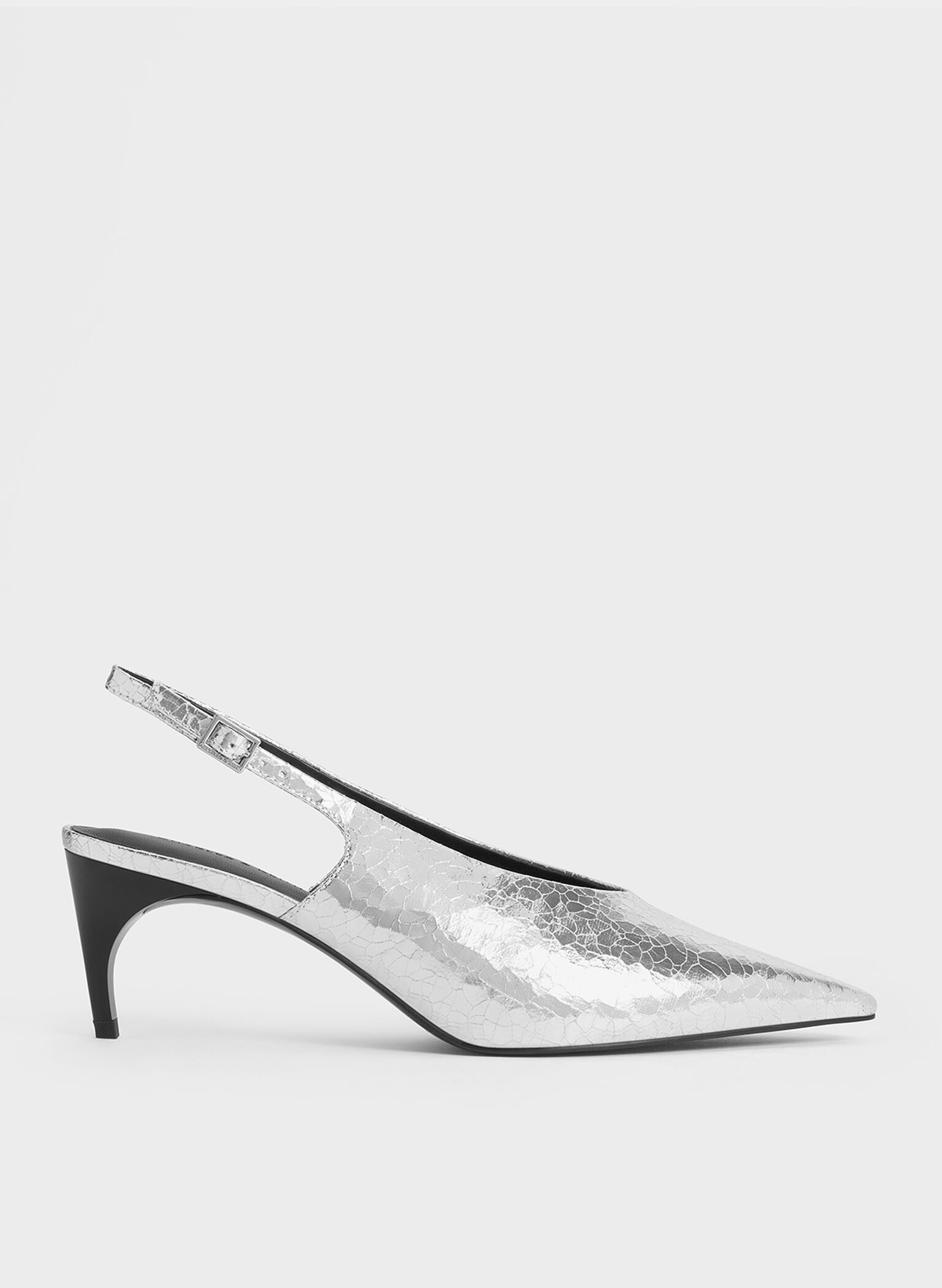 Metallic Crinkle-Effect Pointed-Toe High-Vamp Slingback Pumps, Silver, hi-res
