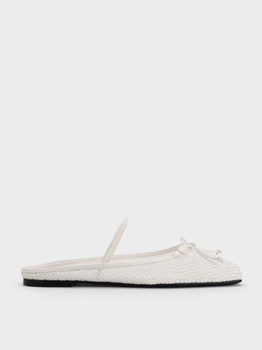 Mesh Bow Square-Toe Ballet Mules, White, hi-res