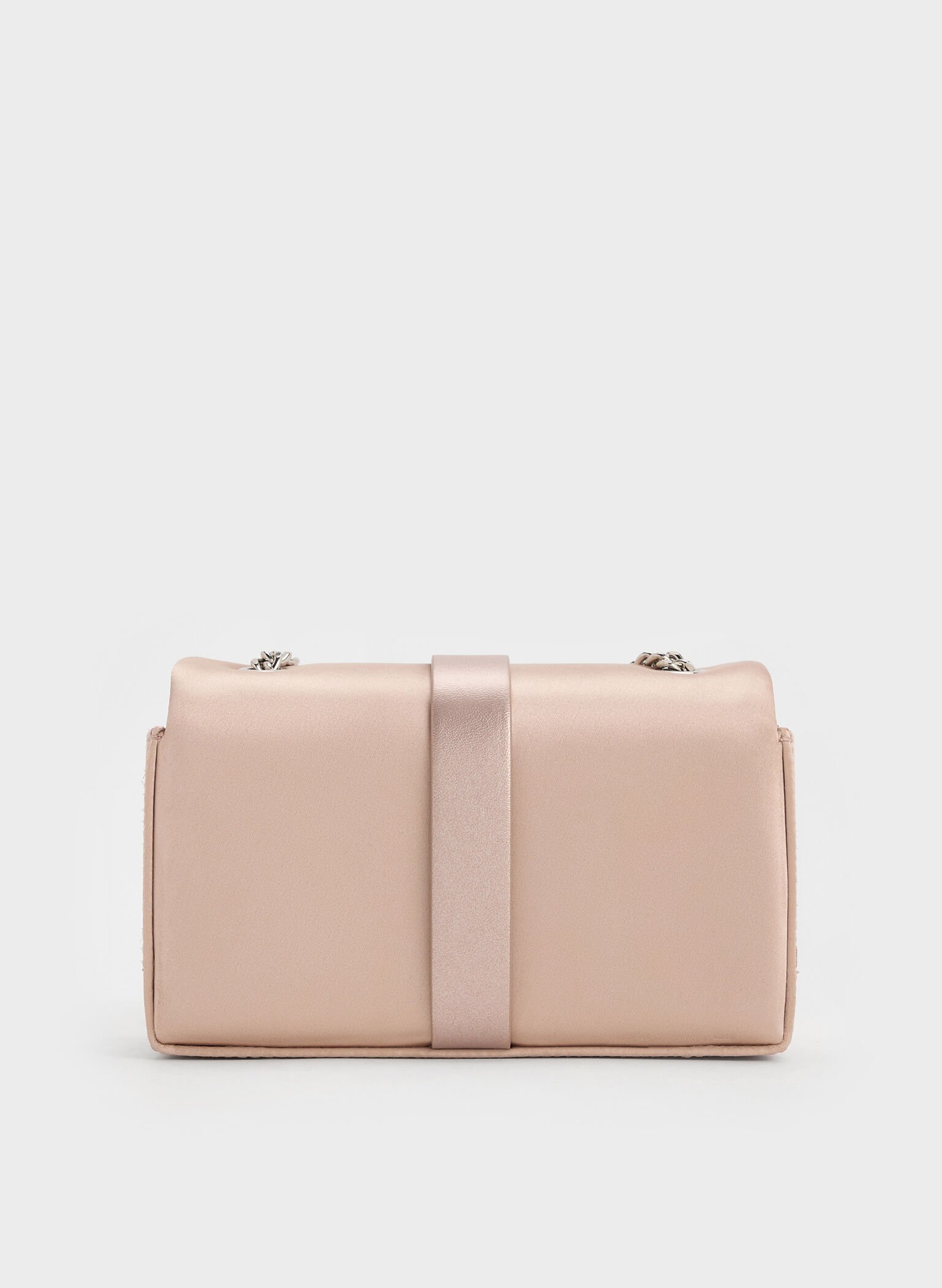 Satin Crystal-Buckle Belted Chain-Handle Bag, Sunset Nude, hi-res