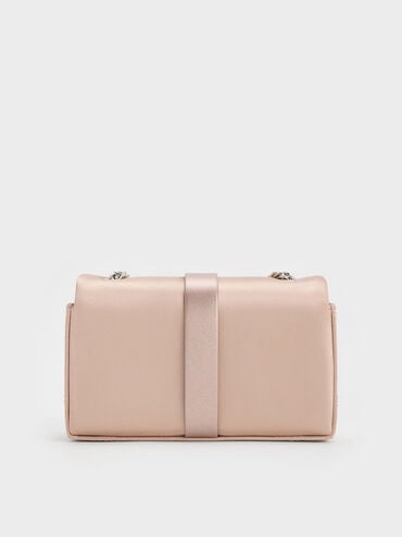 Satin Crystal-Buckle Belted Chain-Handle Bag, Sunset Nude, hi-res